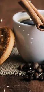 A warm coffee cup with cinnamon, beans, and a cookie on a rustic background.