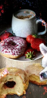 Cup of coffee, strawberry donuts, and fresh strawberries on wooden table.
