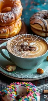 Cup of latte with assorted donuts on a blue background.