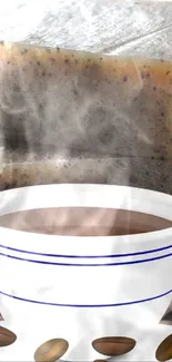 Steaming coffee with a soap bar in soothing brown tones.