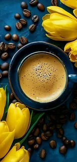 Coffee cup surrounded by yellow tulips and beans on blue background.