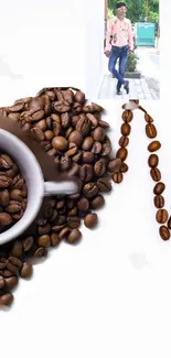 Wall art of coffee beans forming a cup on a white background.