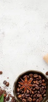 Minimalistic wallpaper with coffee beans and anise on a white textured background.