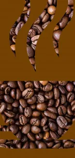 Coffee beans forming a cup and steam on brown background.