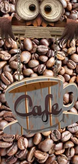 Artistic cafe cup on coffee beans wallpaper.