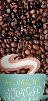 Motivational coffee bean wallpaper with teal cup and inspiring message.