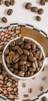 Brown coffee beans in a white cup on a patterned plate.