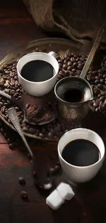 Rustic coffee setup with beans and cups creating a cozy aesthetic.