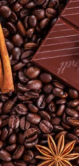 Coffee beans with chocolate and spices enhancing texture and aroma.