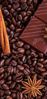 Coffee beans and chocolate with cinnamon and star anise accents.