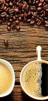 Coffee beans and cups on a wooden surface wallpaper.