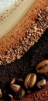 Artistic coffee beans and froth wallpaper texture.