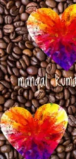 Artistic wallpaper featuring vibrant hearts over coffee beans.