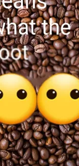 Coffee beans with large emoji overlay, quirky wallpaper design.