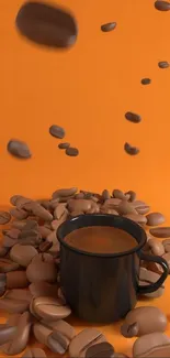 Coffee beans and black mug on orange background wallpaper.