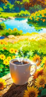 Steaming coffee cup on wooden table with sunflowers by the lake.