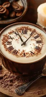 Coffee cup with clock face latte art on a wooden table.