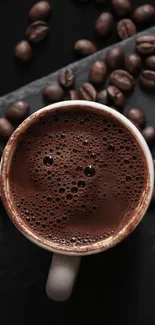 Mobile wallpaper of rich coffee cup surrounded by beans.