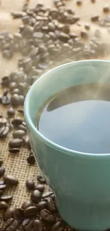 Steaming coffee cup with beans on burlap.