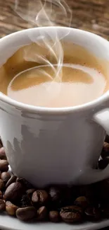 Steaming coffee cup surrounded by beans on a table.