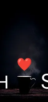 Steaming coffee cup with a red heart, perfect for phone wallpaper.