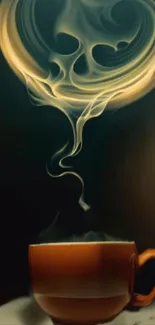 Artistic wallpaper of a steaming coffee cup with swirling smoke.