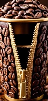 Creative coffee cup with zipper design and beans.