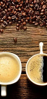 Rustic coffee wallpaper with two cups and scattered beans on wooden texture.