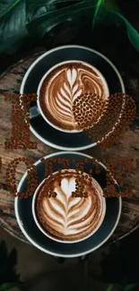 Coffee art wallpaper with latte design on rustic table.