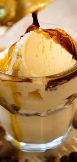 Close-up of affogato dessert with cookies and coffee beans on a wooden table.