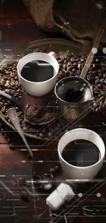 Coffee cups and beans with digital circuits overlay on a brown background.