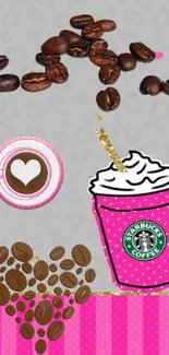 Colorful coffee-themed wallpaper with a pink cup and beans.