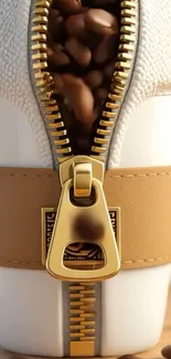 Mug with zipper design revealing coffee beans.