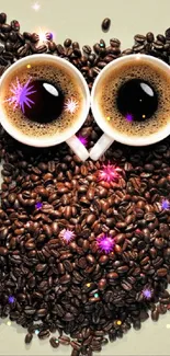 Owl made from coffee beans with cups for eyes.