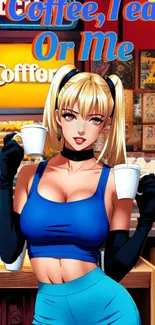 Anime style artwork of a coffee shop scene with a stylish character holding cups.