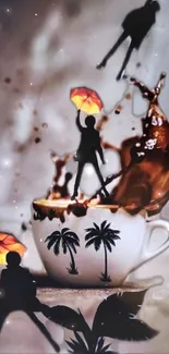 Fantasy coffee splash with silhouettes and umbrellas in a vibrant scene.