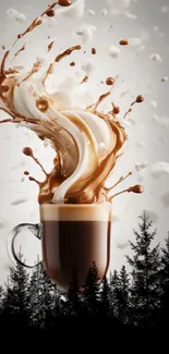 Dynamic coffee splash with a forest silhouette background.