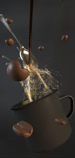 Dynamic coffee splash with beans and cup in dark tones mobile wallpaper.