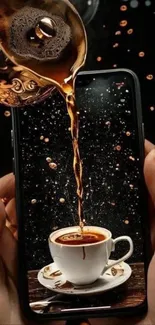 Coffee being poured into a cup on a phone screen with a splash effect.