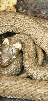 Brown coiled snake in earthy tones with plants around.