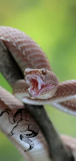 Wallpaper featuring a coiled snake on a branch with a vibrant green background.