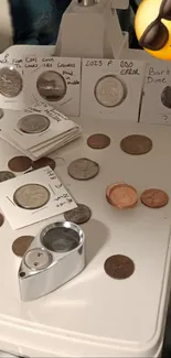 Coin collection with magnifier on white table featuring US and international currency.