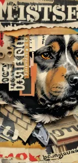 Collage art wallpaper featuring a dog's face with newspaper cuttings.