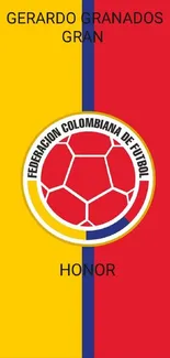 Colombian football emblem on yellow and red background with a soccer ball design.