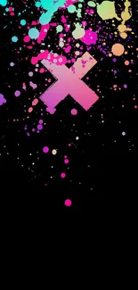 A vibrant splash of colors on a black background with a central pink 'X'.