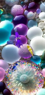 3D abstract art wallpaper with colorful spheres and intricate patterns.