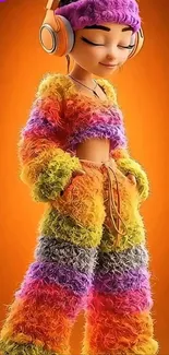 3D anime character in colorful attire with headphones.