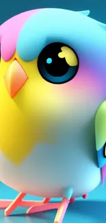 Vibrant 3D bird with pastel colors on a blue background.