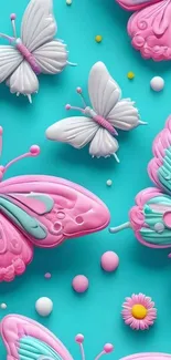 3D butterflies with pink and white wings on a turquoise background.