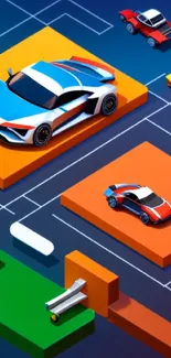 A vibrant 3D illustration with colorful car models and bold geometric shapes.